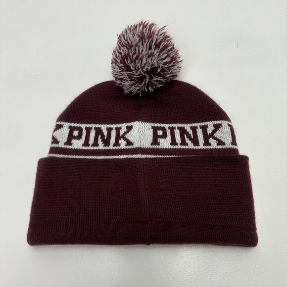 Victorias Secret PINK Beanie Hat Winter Cap Maroon White Knit - Picture 7 of 11